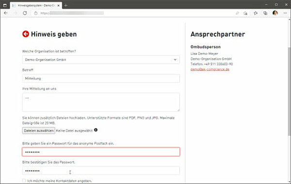 Hinweisgebersystem-Website-Formular