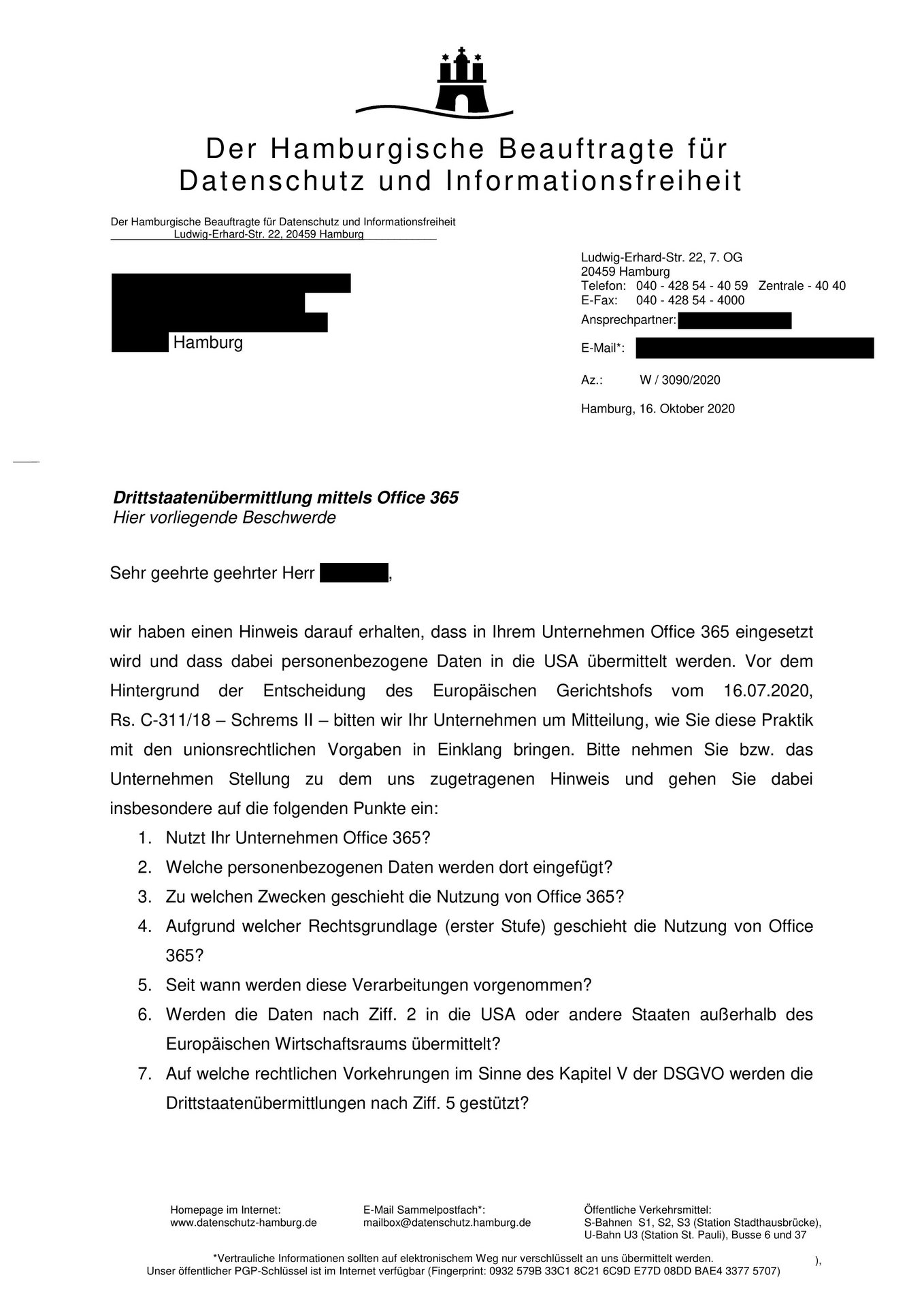 Stellungsname des Hamburgischen Beauftragten für Datenschutz und Informationsfreiheit